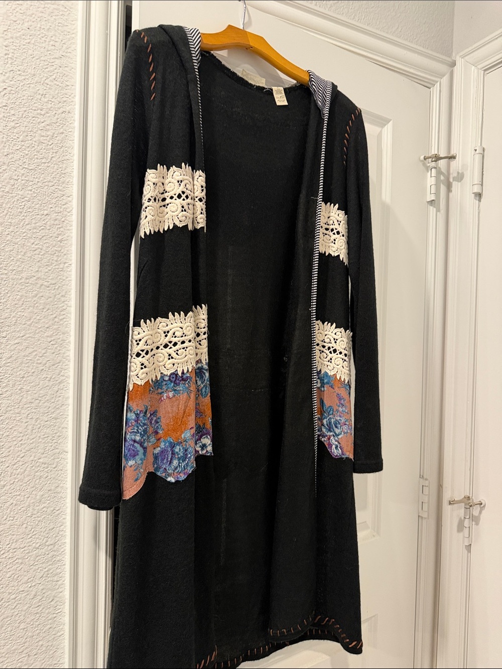 Black Hooded Longline Sweater Cardigan with Crochet & Floral Panels